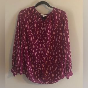 Nine West Plum Button-Front Blouse with Light Pink Abstract Motif